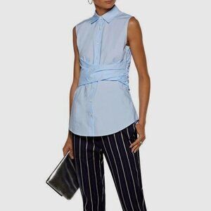 10 Crosby Derek Lam Blue Stripe Wrap Twist Sleeveless Collar Button Shirt P2616